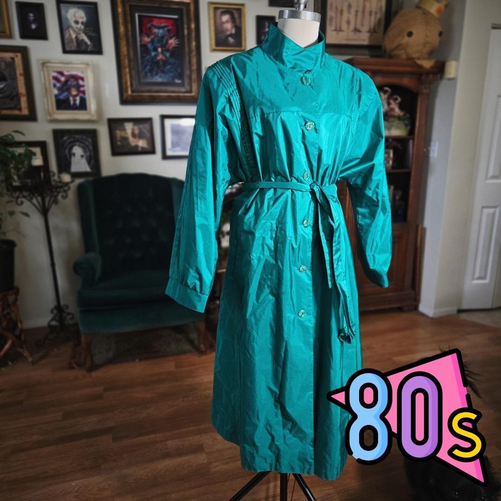 The Legend‎ Teal Raincoat Trench Coat Vintage 80s Belted Plus 24W Long Jacket